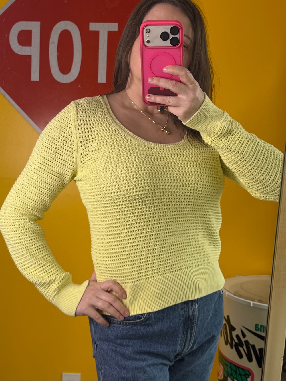 Banana Republic POINTELLE CROPPED SWEATER yellow open knit crew neck
